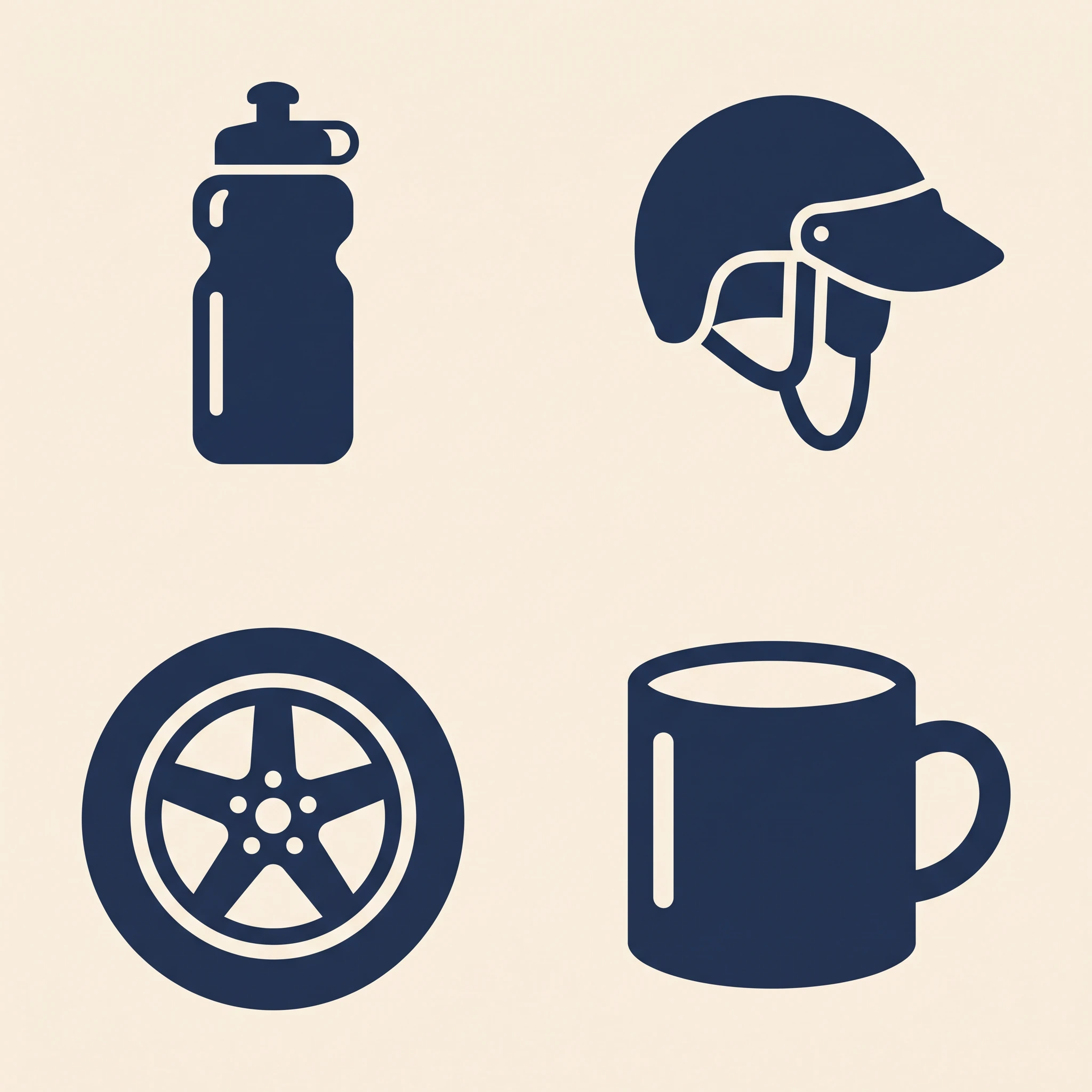 Four navy icons on cream: a water bottle, a helmet, a wheel and a mug